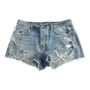 American Eagle Denim Shorts Women Size 8 Blue Distressed Button Fly Y2K Cutoff